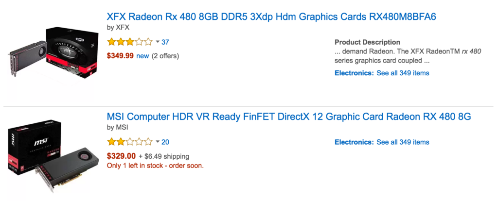 RX 480的亚马逊价格。请勿以这些价格购买RX 480。